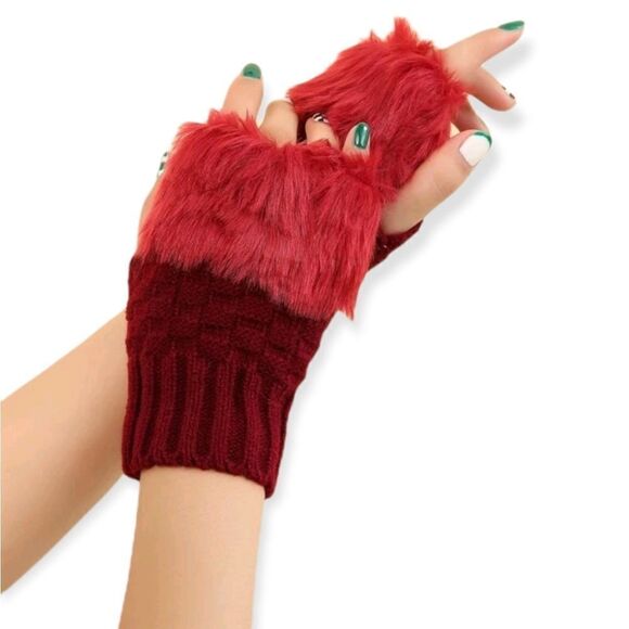 Burgundy Red Fingerless Knit Gloves Fur Trim - Picture 1 of 7